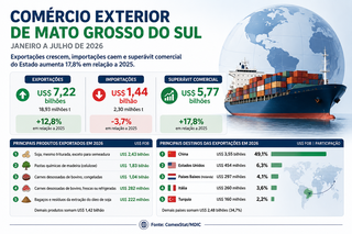 Superávit comercial de MS cresce 17,8% com alta das exportações Superávit comercial de MS cresce 17,8% com alta das exportações