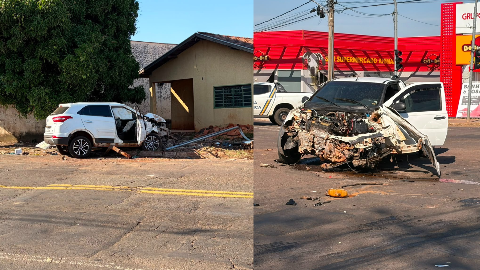 Acidente em cruzamento termina com muro de casa e ve&iacute;culos destru&iacute;dos