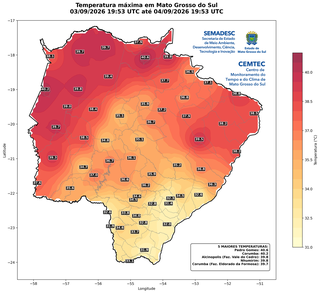 Duas cidades passam dos 40°C antes de virada brusca no tempo em MS Duas cidades passam dos 40°C antes de virada brusca no tempo em MS