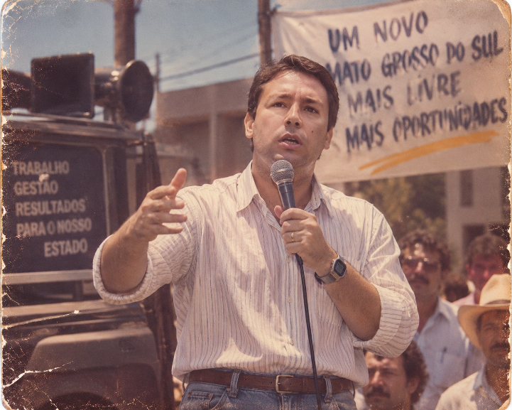 João Henrique Catan – Na versão anos 80 criada por IA, Catan aparece em campanha de rua, com microfone com fio, carro de som e visual típico da época.