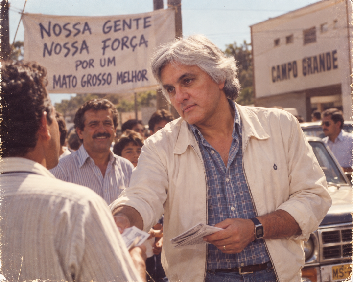 Delcídio do Amaral – Na versão anos 80 criada por IA, Delcídio aparece em campanha de rua, entregando santinhos aos eleitores.
