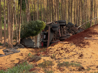 Motorista morre preso às ferragens após carreta tombar na MS-388 Motorista morre preso às ferragens após carreta tombar na MS-388
