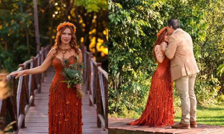 Noiva casa de vestido terracota em cerimônia cheia de símbolos