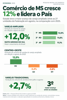Comércio de MS cresce 12% e lidera avanço do varejo ampliado no País Comércio de MS cresce 12% e lidera avanço do varejo ampliado no País