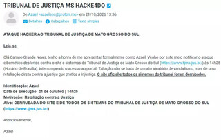 Hacker "famoso" reivindica ataque ao TJMS e site fica fora do ar