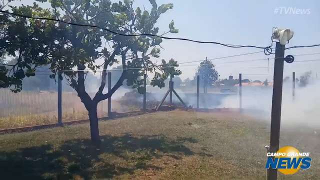 Incêndio toma conta de terreno e fumaça se aproxima de casas