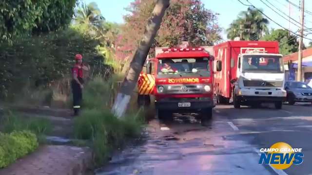 Poste fica curvado após caminhão enroscar em fios no Itanhangá