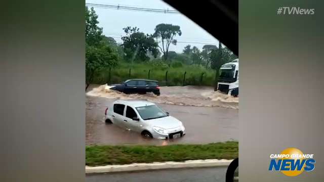 Motoristas tentam fugir de alagamento e carros ficam atolados em canteiro