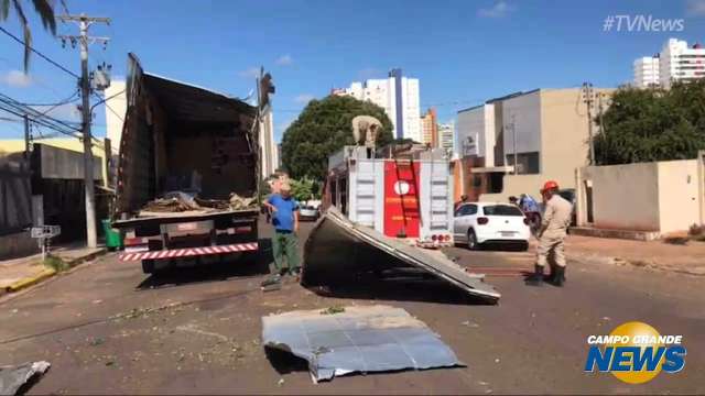 Após enroscar em árvore, caminhão baú engancha na fiação e interdita trânsito